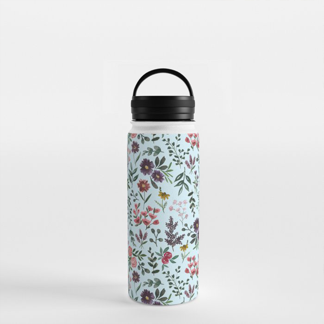Bright Watercolor Flower - Blue - Handle Lid Water Bottle